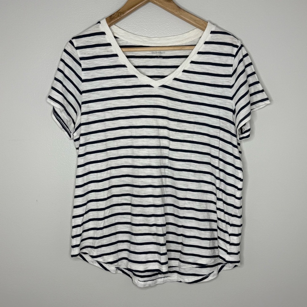 Old Navy Women’s Size Large White & Navy Striped Tee Shirt Short Sleeve Cotton